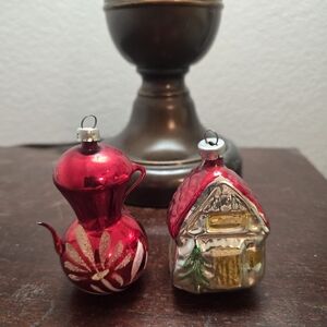 Vtg Lot 2 1950’s Original German Red Painted Mercury Glass Teapot House Ornament